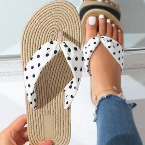 White-Black Polka Dot - Size 8 - Flip Flop Sandal - Rope Natural Foot Bed